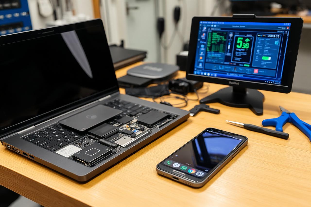 Laptop and phone on a repair bench with diagnostic tools