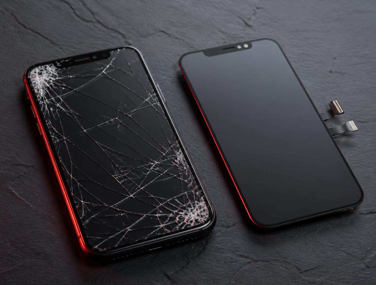Cracked phone screen next to a replacement display